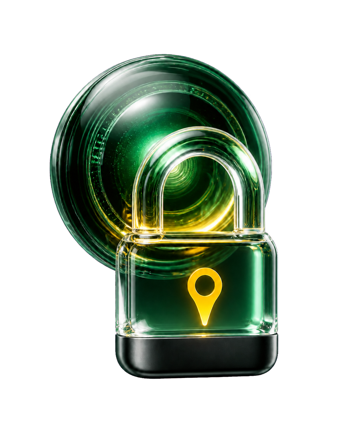 An emerald glass door knob protected by a clear padlock