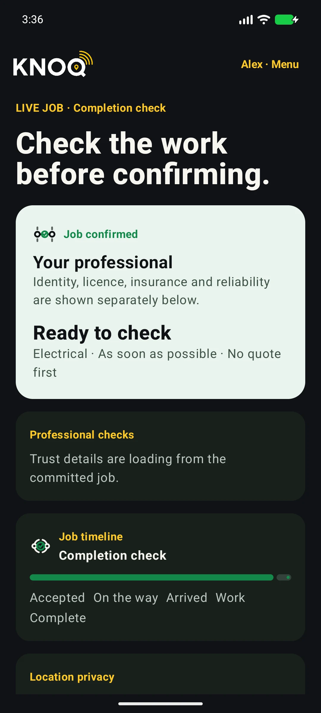 KNOQ Android 0.1.5 completion check screen