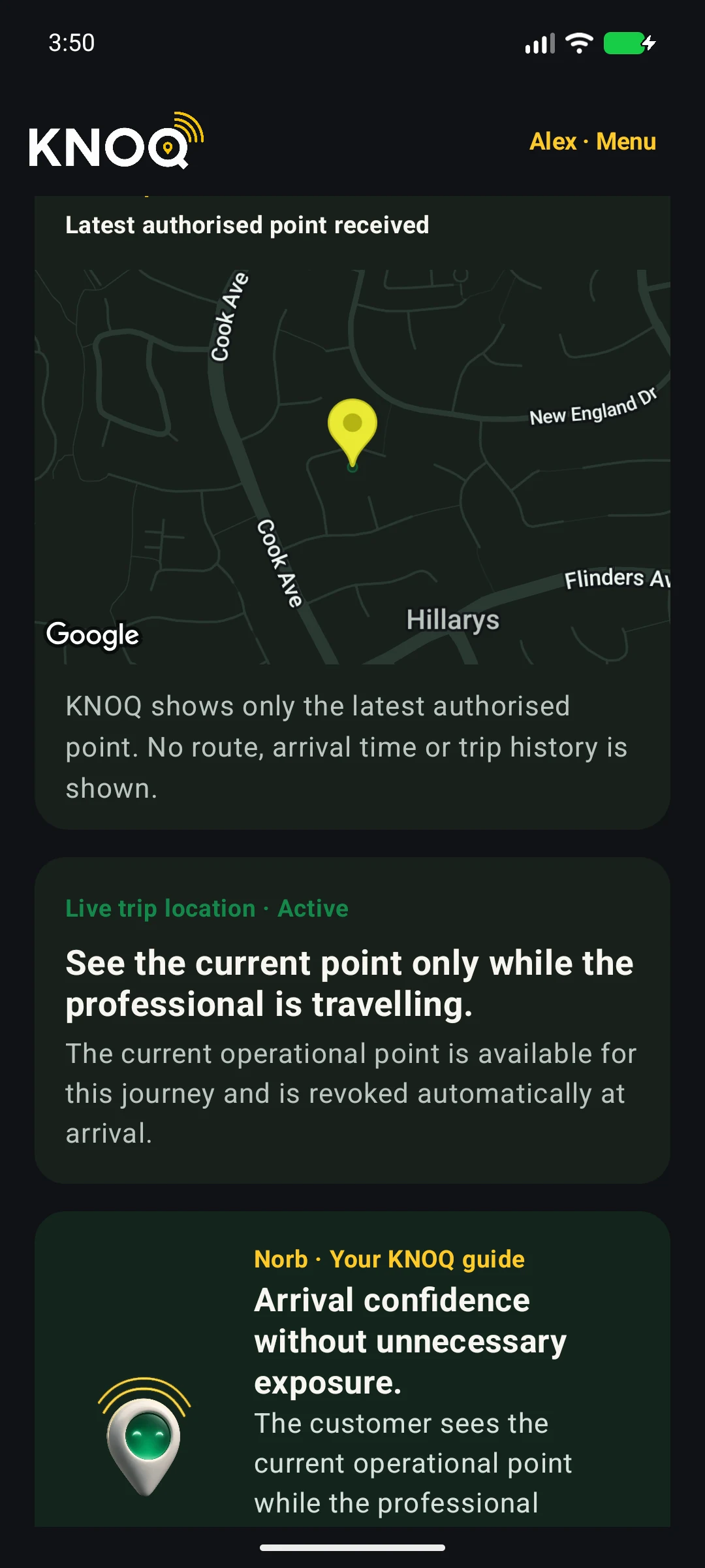 KNOQ Android 0.1.5 Google Maps screen showing the latest authorised professional location while travelling