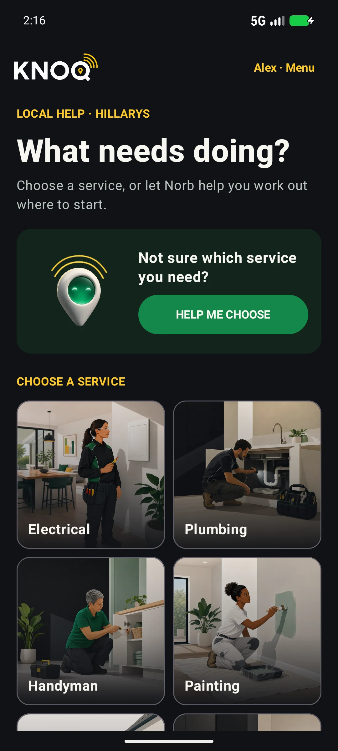 KNOQ Android 0.1.5 service chooser for local help in Hillarys