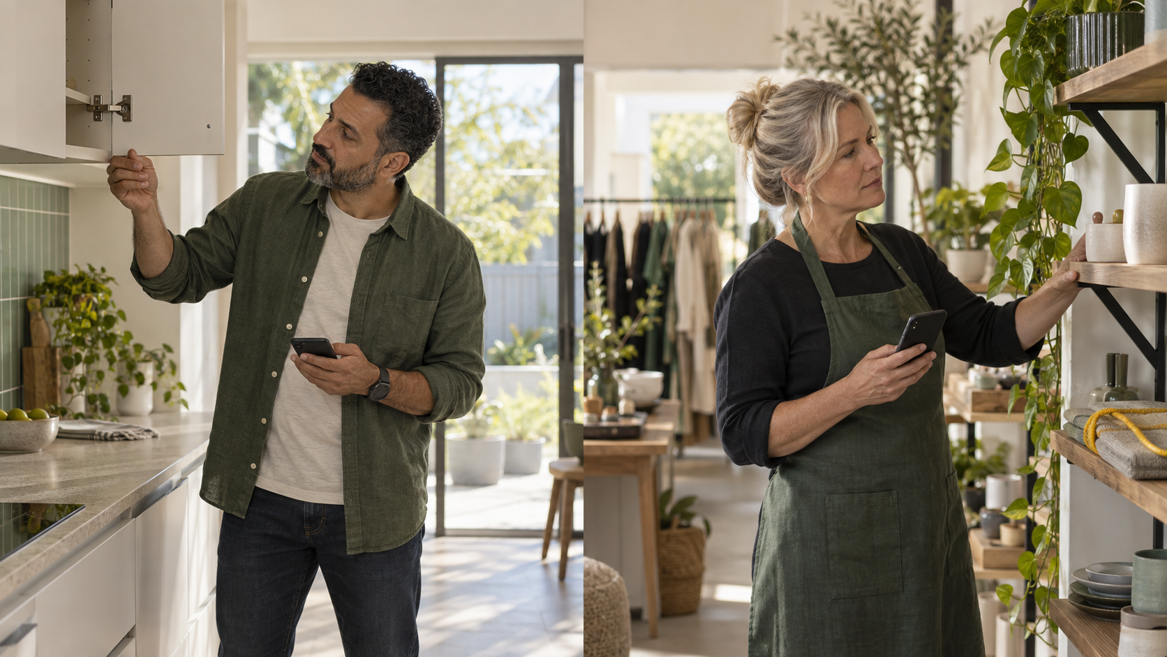A household customer and a small-business owner each calmly identify a normal service need and use a phone as a simple place to start.