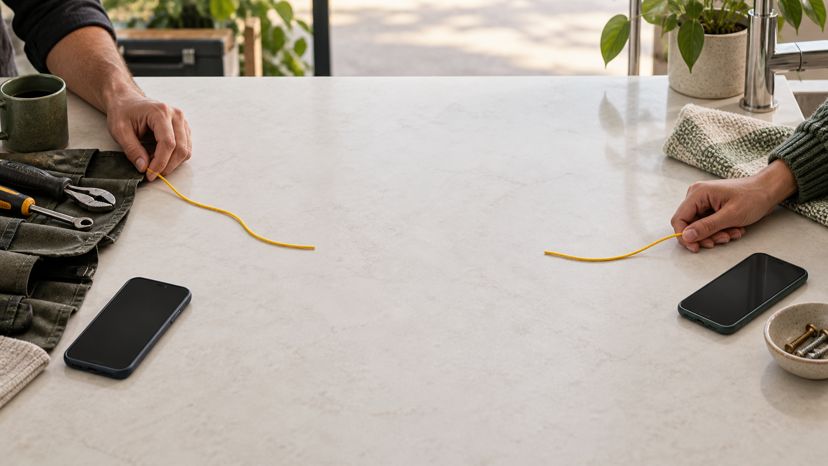 A professional context and a household or small-business context sit as equal sides of a calm, concept-stage connection.