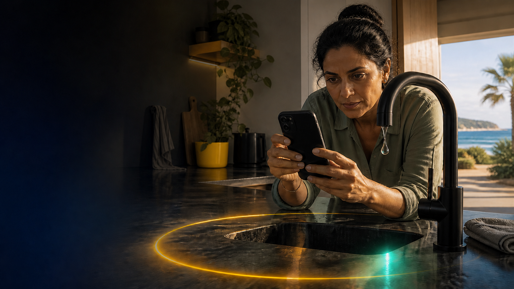 Concept artwork of a customer photographing a dripping kitchen tap as two warm signal reflections cross the benchtop.