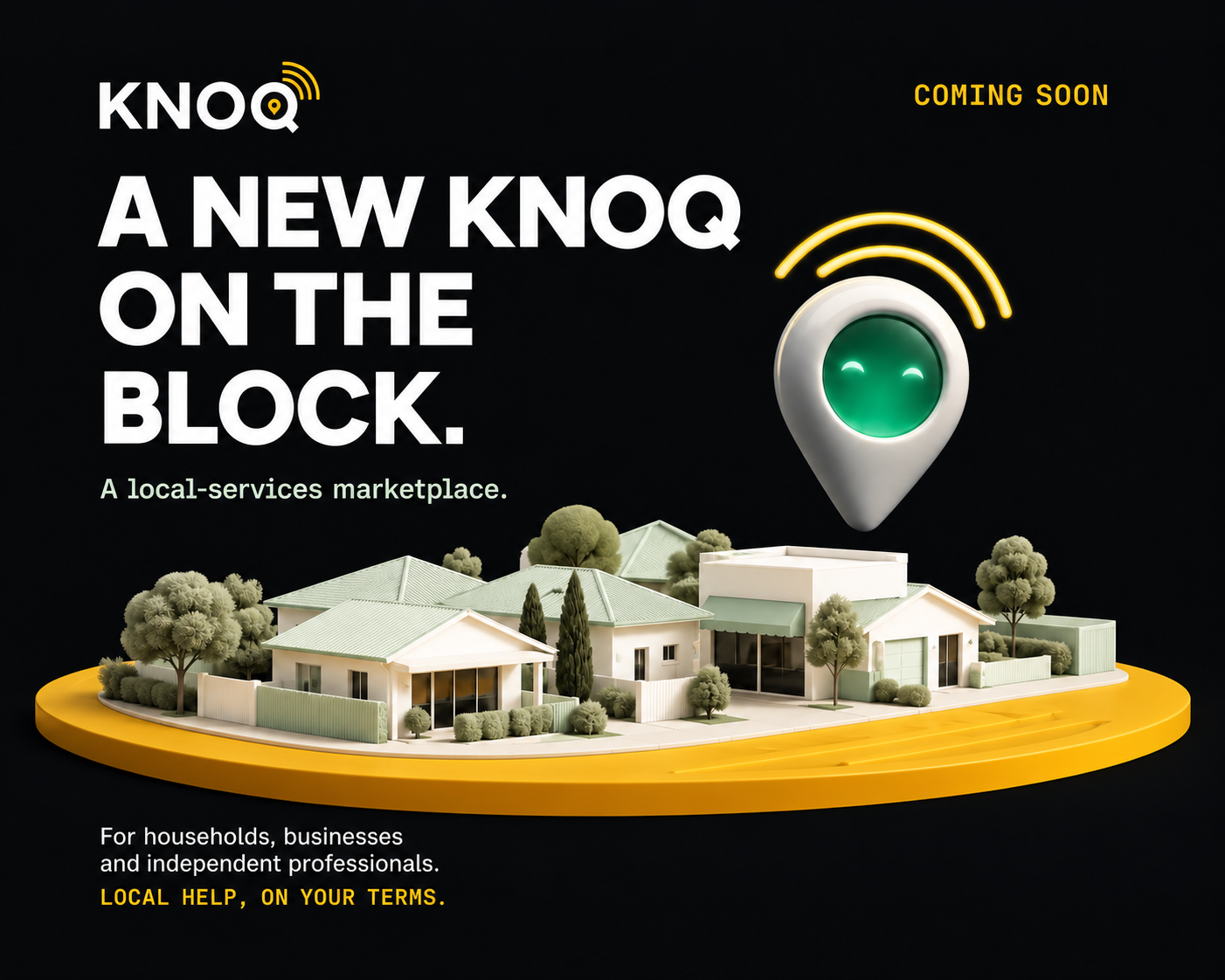 A new KNOQ on the block. A local-services marketplace. Norb above a miniature neighbourhood of homes and a local shop on a yellow base.