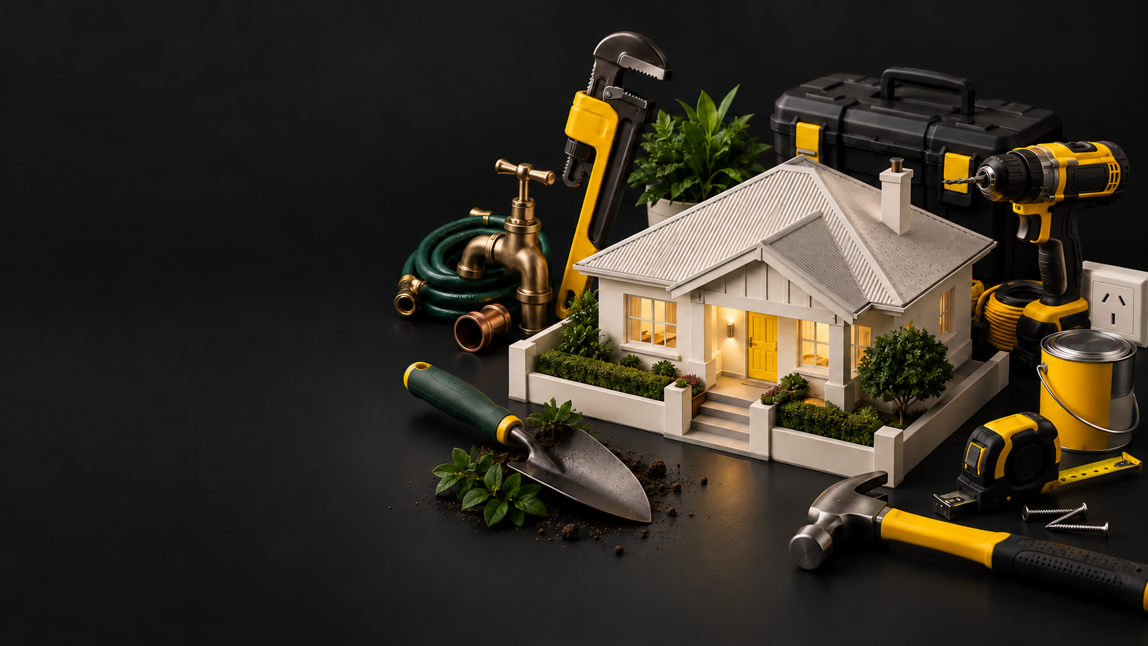 Concept illustration of a home with a yellow door surrounded by everyday service tools.