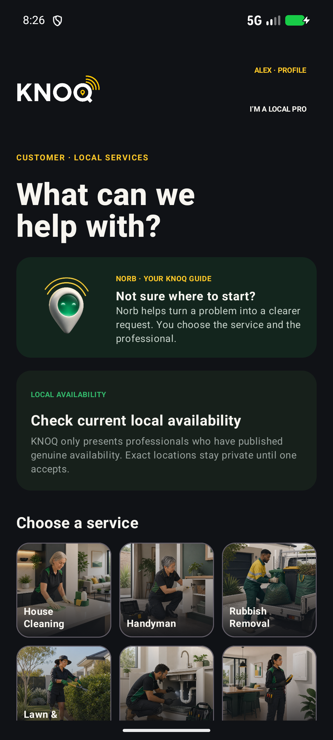 Android development preview showing a home or business beginning with service choices. Planned example only.