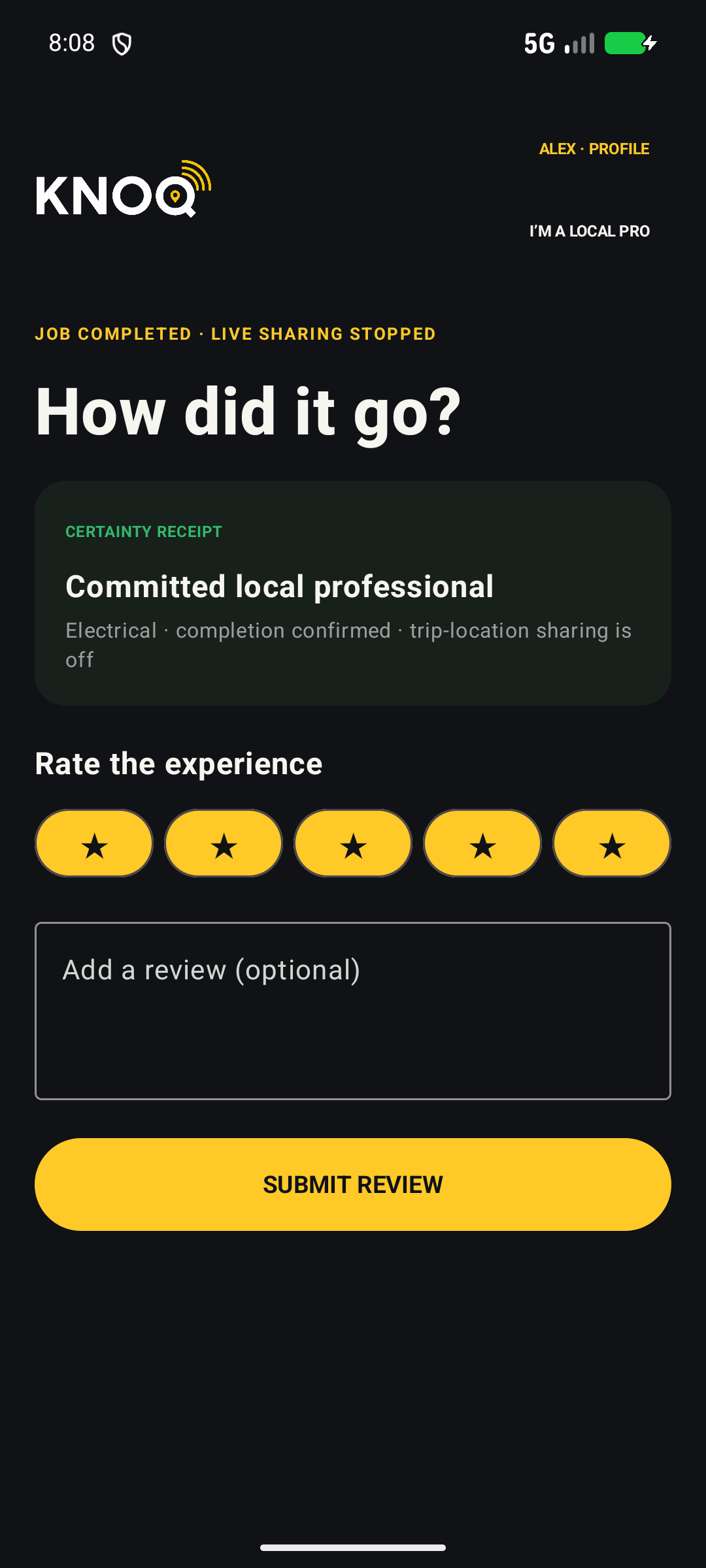 Android development screen for rating and reviewing the completed job