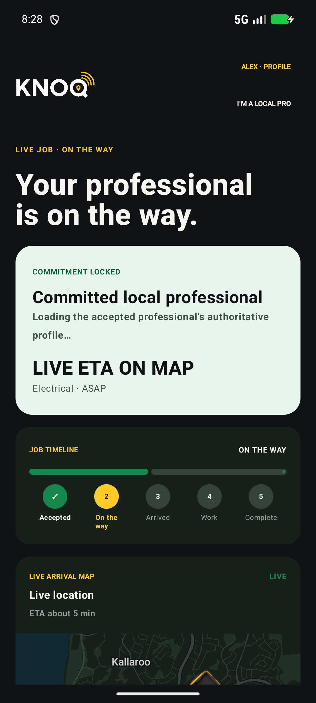 Android development customer screen showing travel progress and estimated arrival