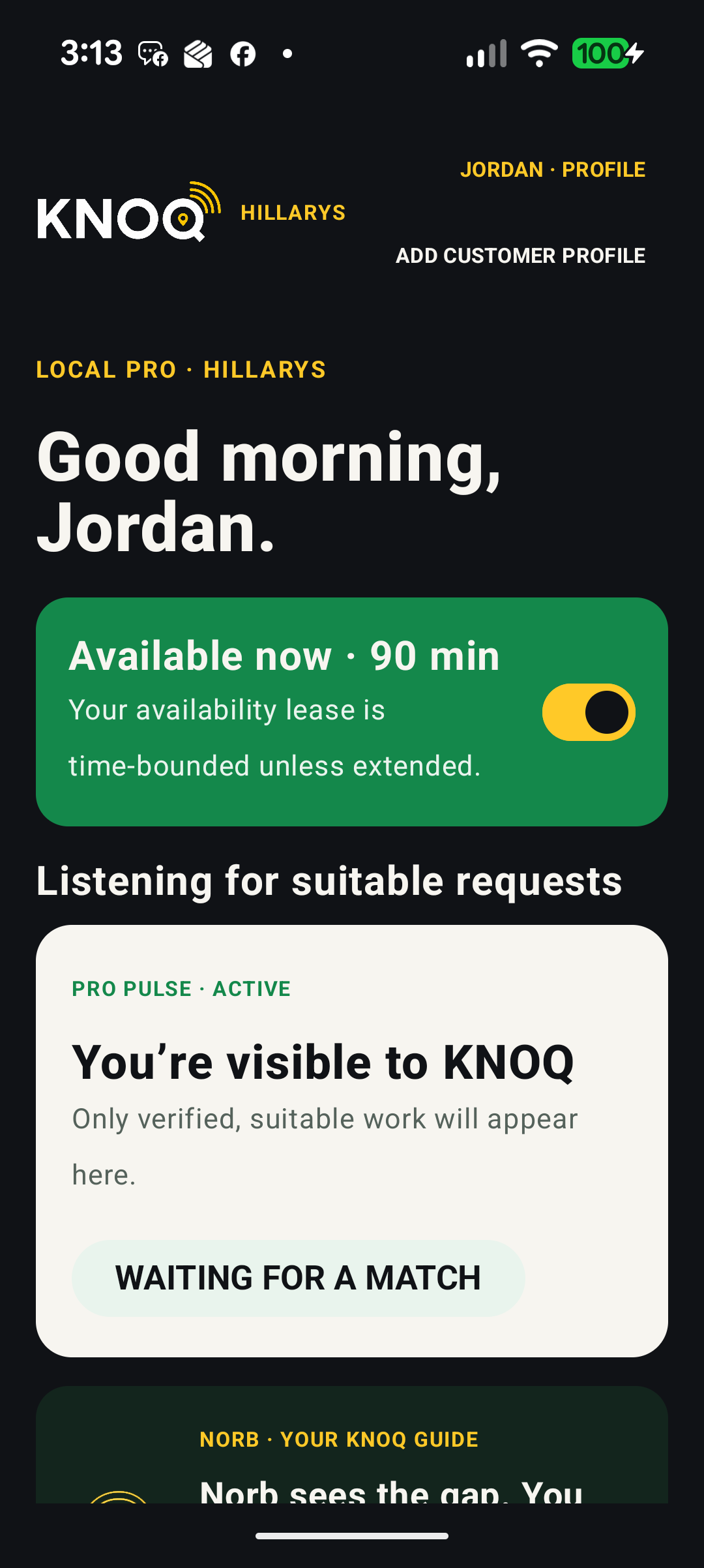 Android development screen showing professional availability controls