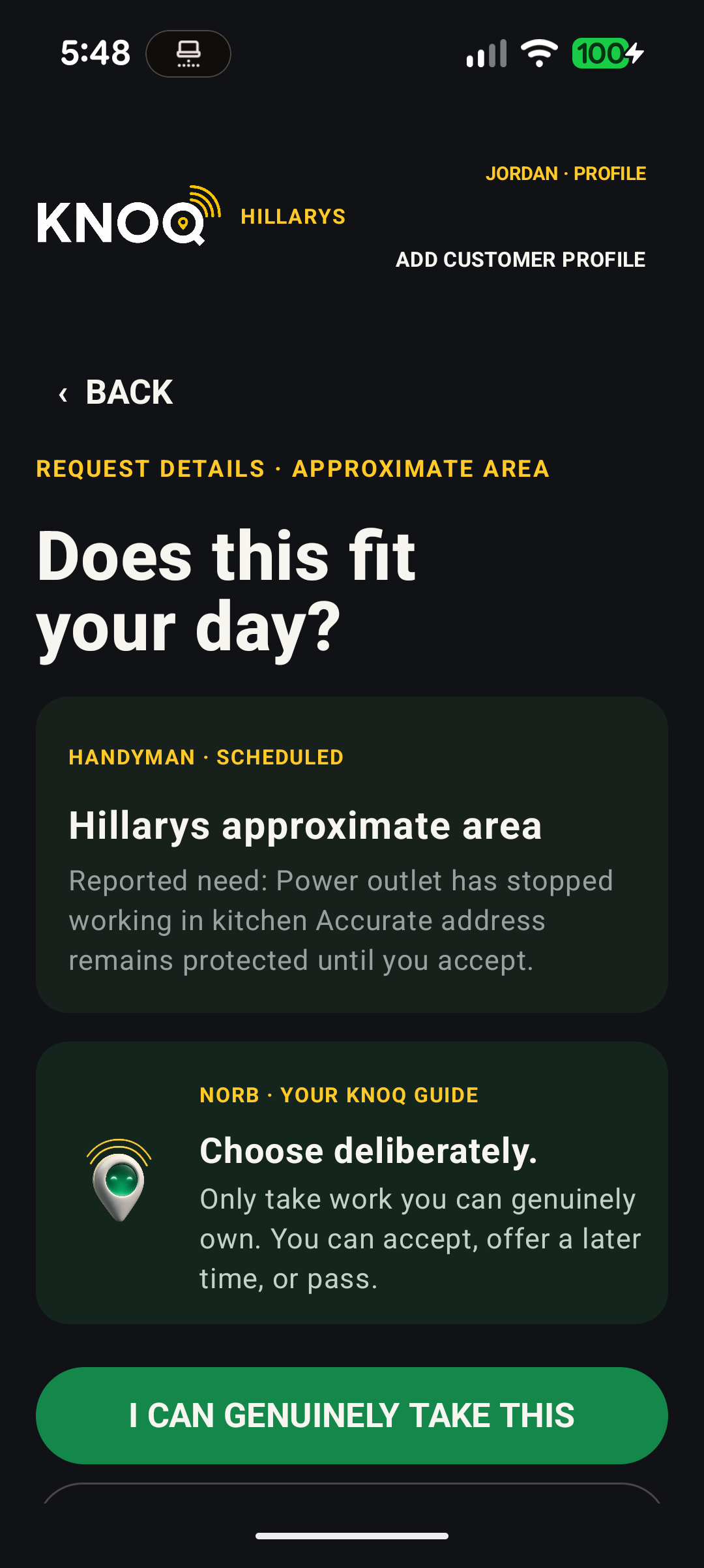 Android development preview showing an independent professional reviewing a local request with only an approximate area before acceptance. Planned example only.