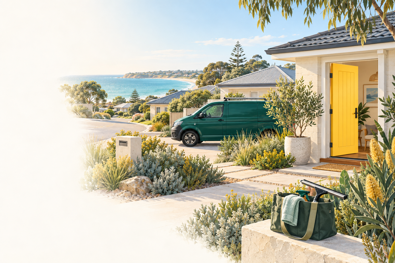 An emerald work van near an open yellow door in a coastal northern Perth neighbourhood