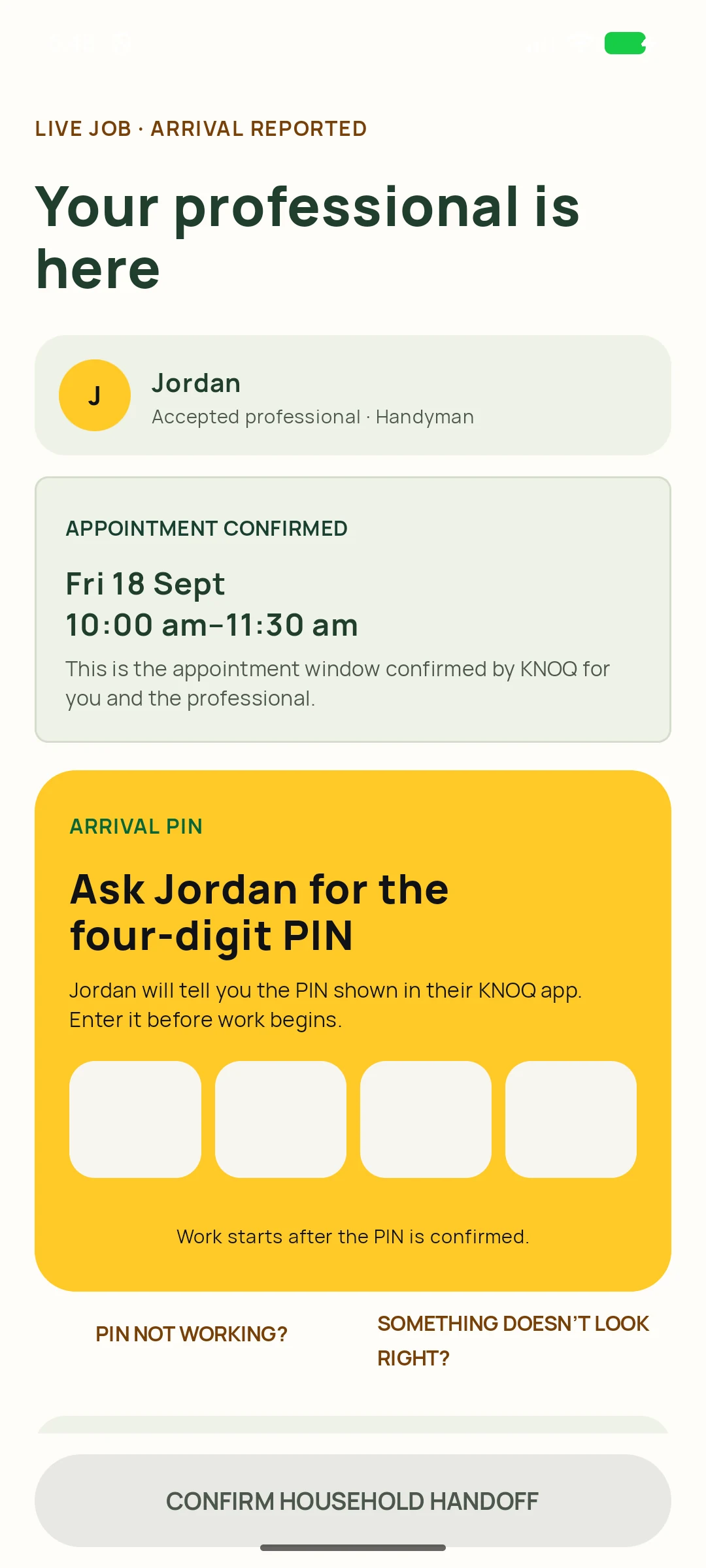 Enter the professional’s PIN — genuine KNOQ Android screen