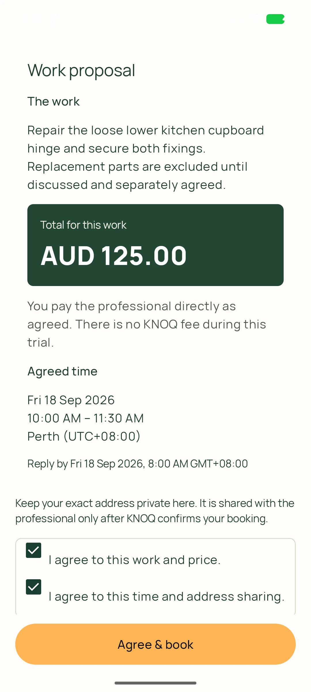 Review and agree the terms — genuine KNOQ Android screen