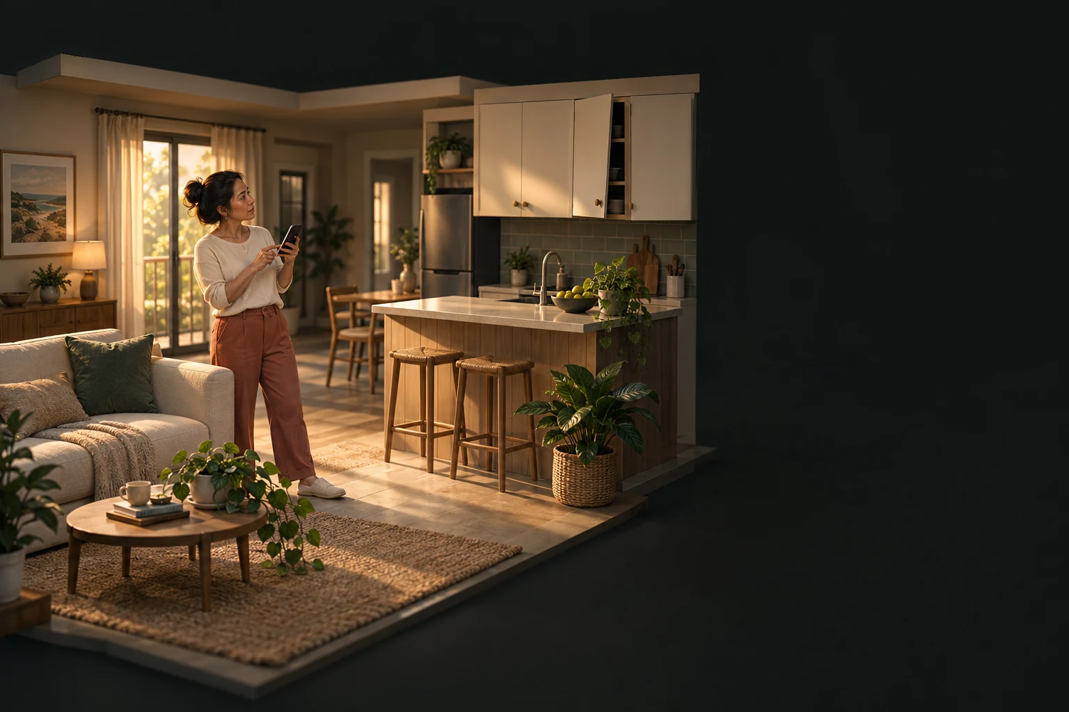 Illustrated woman at home arranging help with a cupboard repair