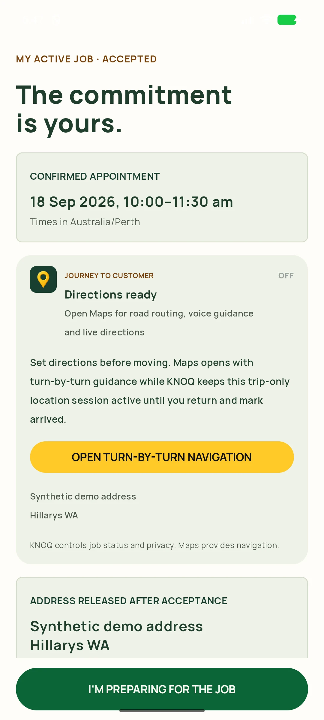 The professional’s job view — genuine KNOQ Android screen