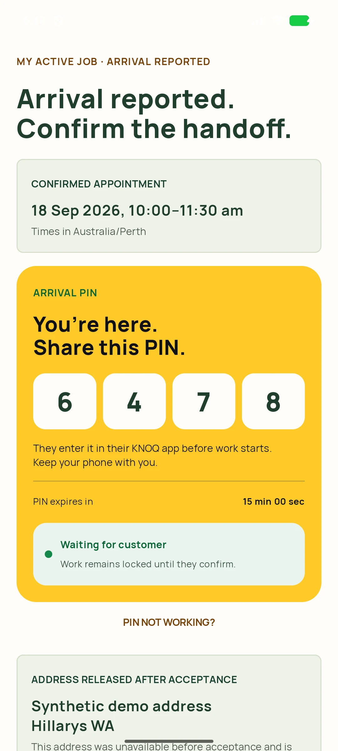 Show the arrival PIN — genuine KNOQ Android screen