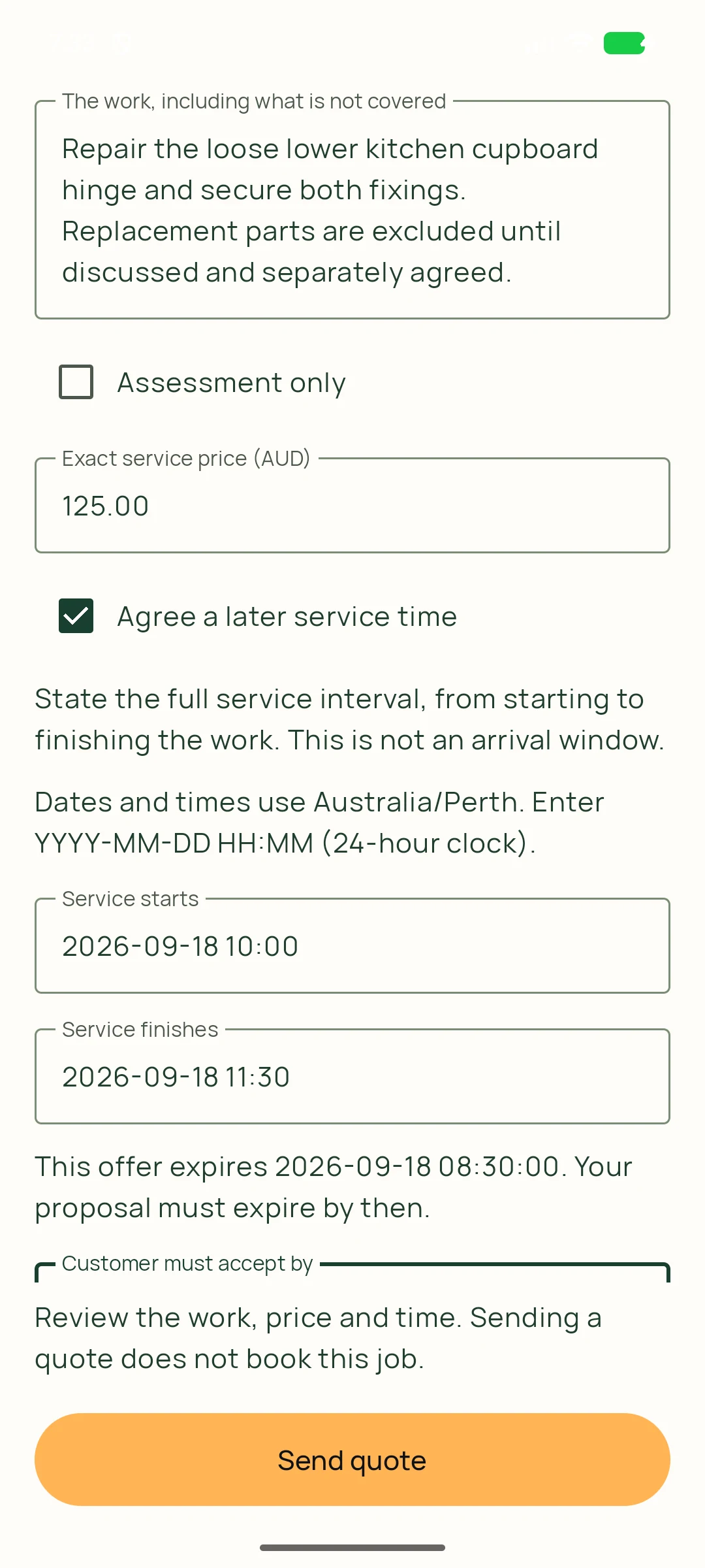 Set the work, price and time — genuine KNOQ Android screen