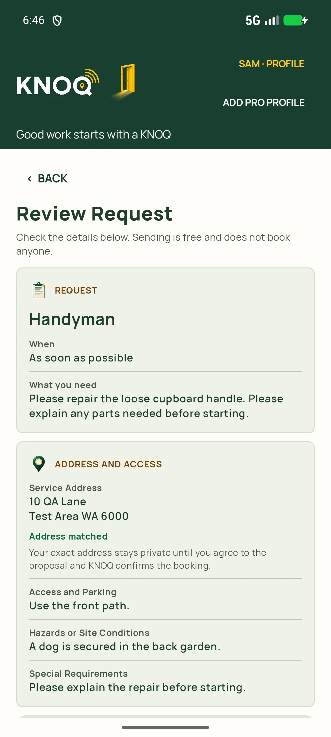 Review before you send — genuine KNOQ Android screen