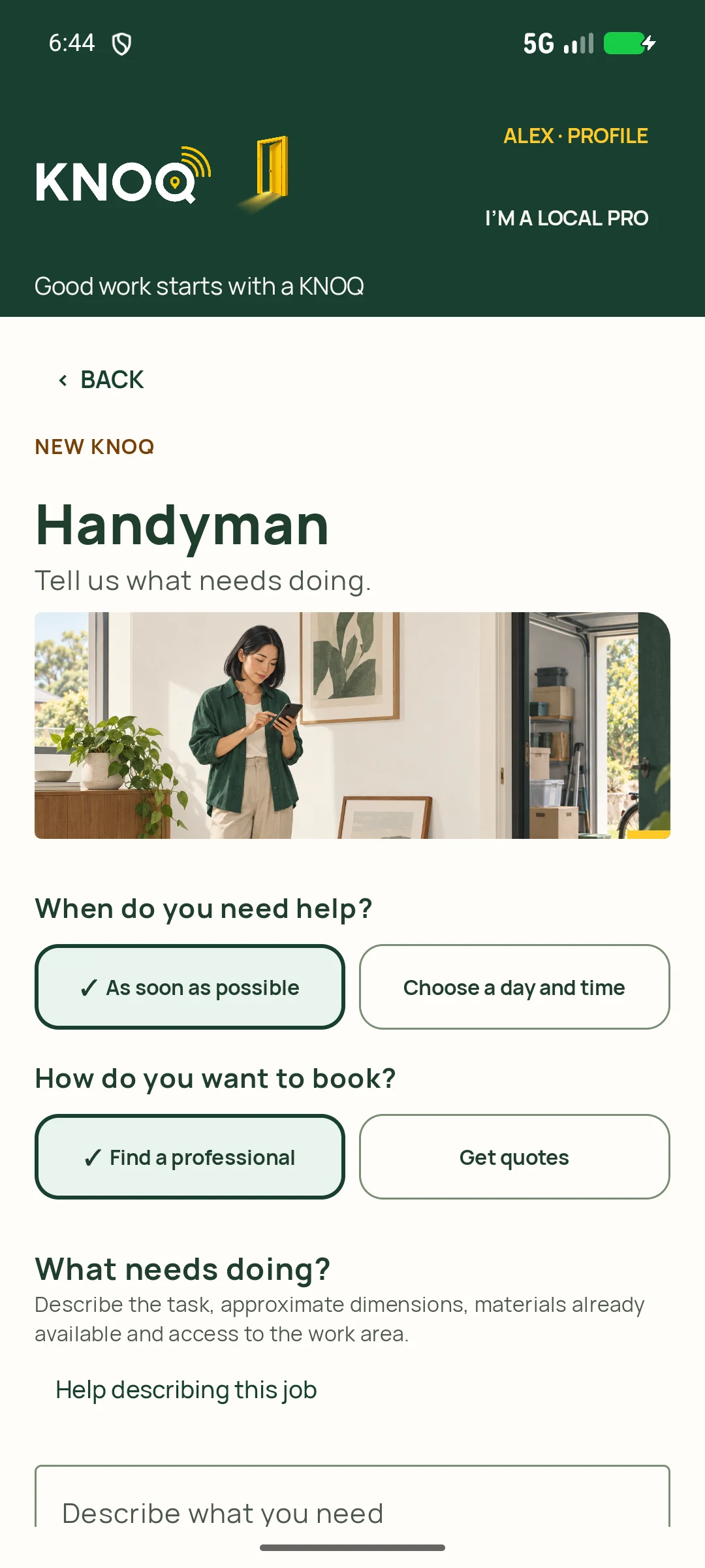 Choose Handyman — genuine KNOQ Android screen