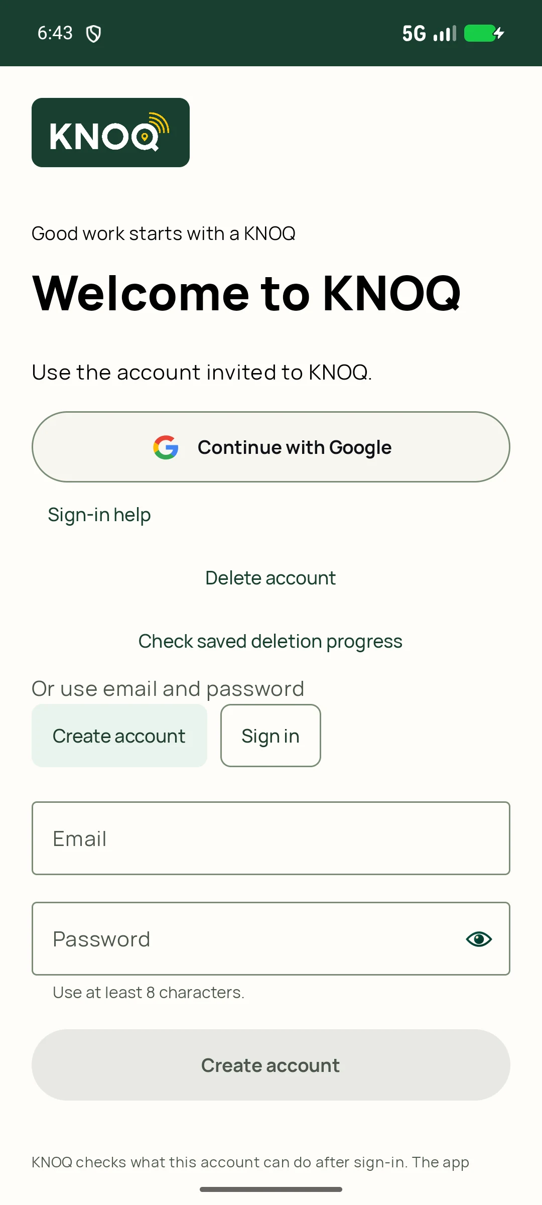 One secure account — genuine KNOQ Android screen